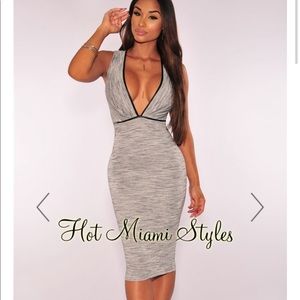 Grey marled V neckline dress w/ leather “trim”